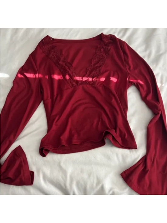 Free People Tops - Bell sleeve Red Lace Trim Long Sleeve Tee